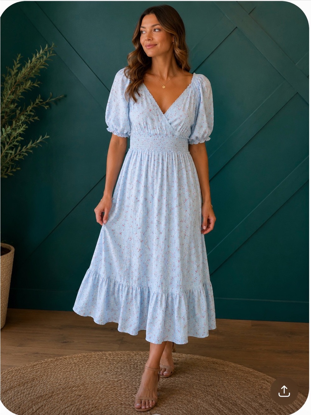 Light Blue Floral Maxi Dress with Puff Sleeves